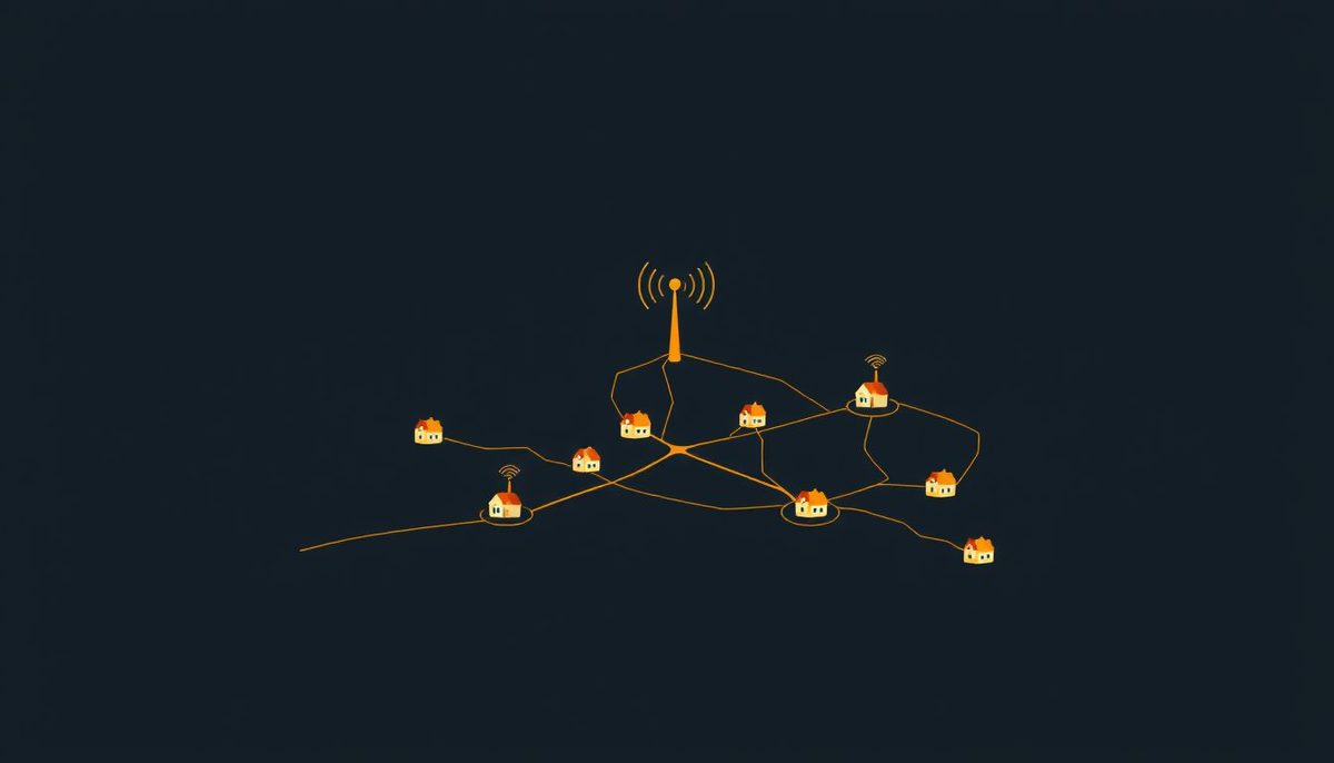 Ilustración abstracta de una red de pueblos conectados por caminos y ondas de señal, en dorado sobre fondo azul oscuro