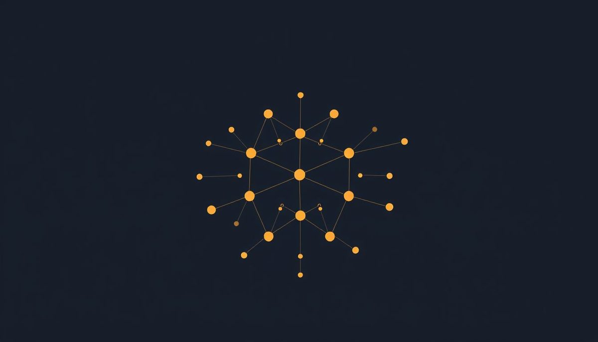 Ilustración abstracta de una red de nodos geométricos en tonos dorado y naranja sobre fondo azul oscuro, representando la IA aplicada a pequeños negocios