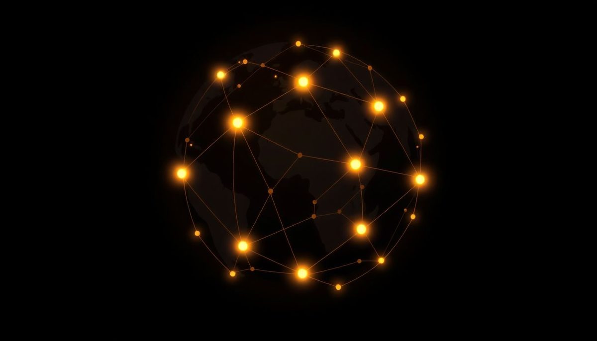 Ilustración abstracta de un globo terráqueo de líneas con nodos dorados conectados por arcos de luz, representando una red de servidores distribuidos