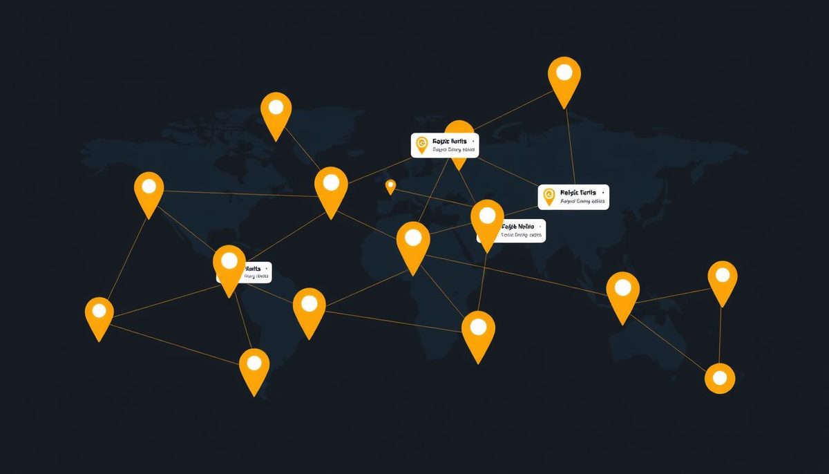 Ilustración abstracta de una red de directorios y citas locales conectados en un mapa, en tonos azul oscuro y dorado