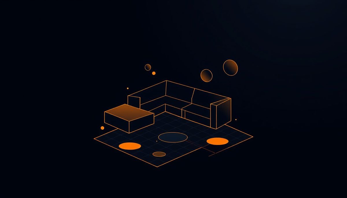 Ilustración geométrica de un mueble modular formado por bloques 3D flotantes y nodos de configuración sobre fondo azul muy oscuro con acentos dorados