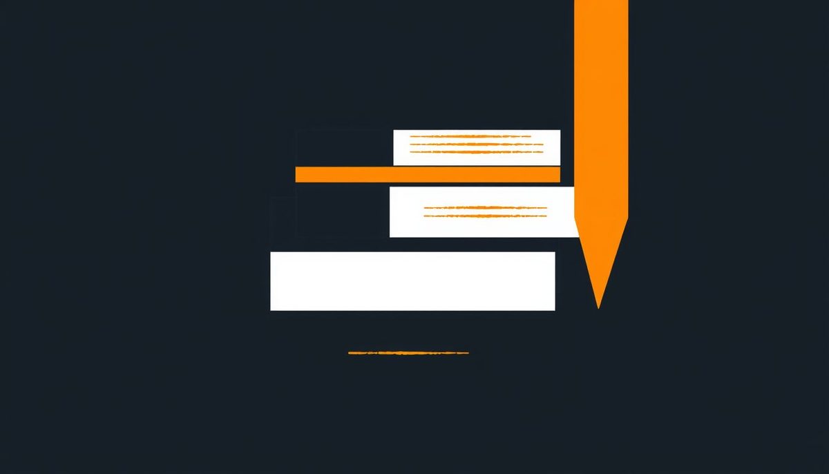 Tarjetas de producto geométricas y una pluma formando bloques de texto en tonos dorado y naranja sobre fondo azul oscuro