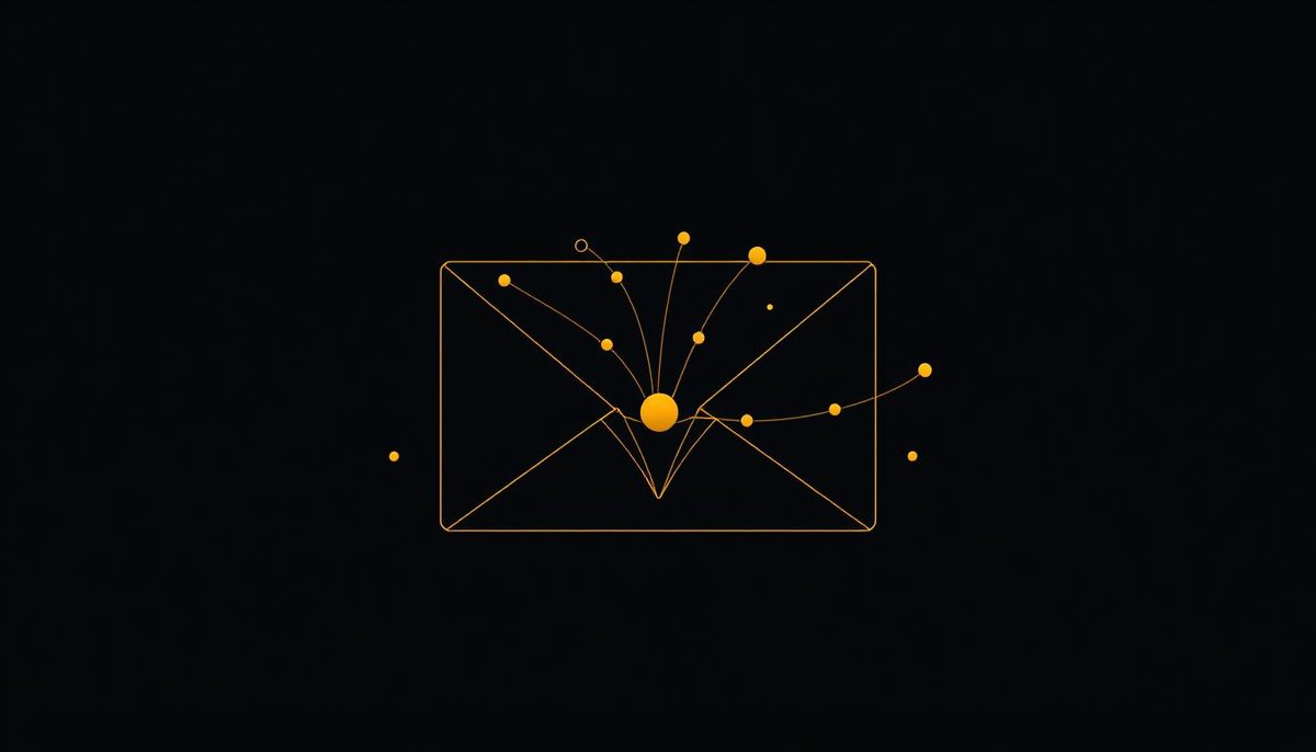 Ilustración abstracta de un sobre geométrico con nodos conectados y un embudo de círculos dorados sobre fondo azul oscuro