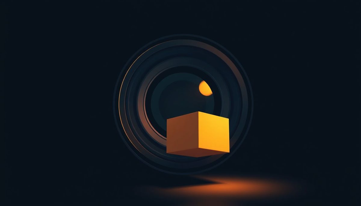 Ilustración abstracta de un objetivo fotográfico y un cubo de producto iluminado por luz de estudio sobre fondo azul oscuro con acentos dorados
