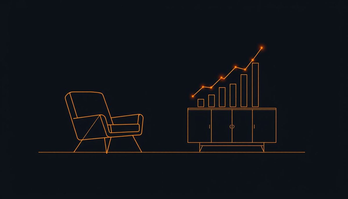 Ilustración geométrica de un sillón y un aparador dibujados con líneas doradas sobre fondo azul oscuro, conectados a nodos y barras de crecimiento