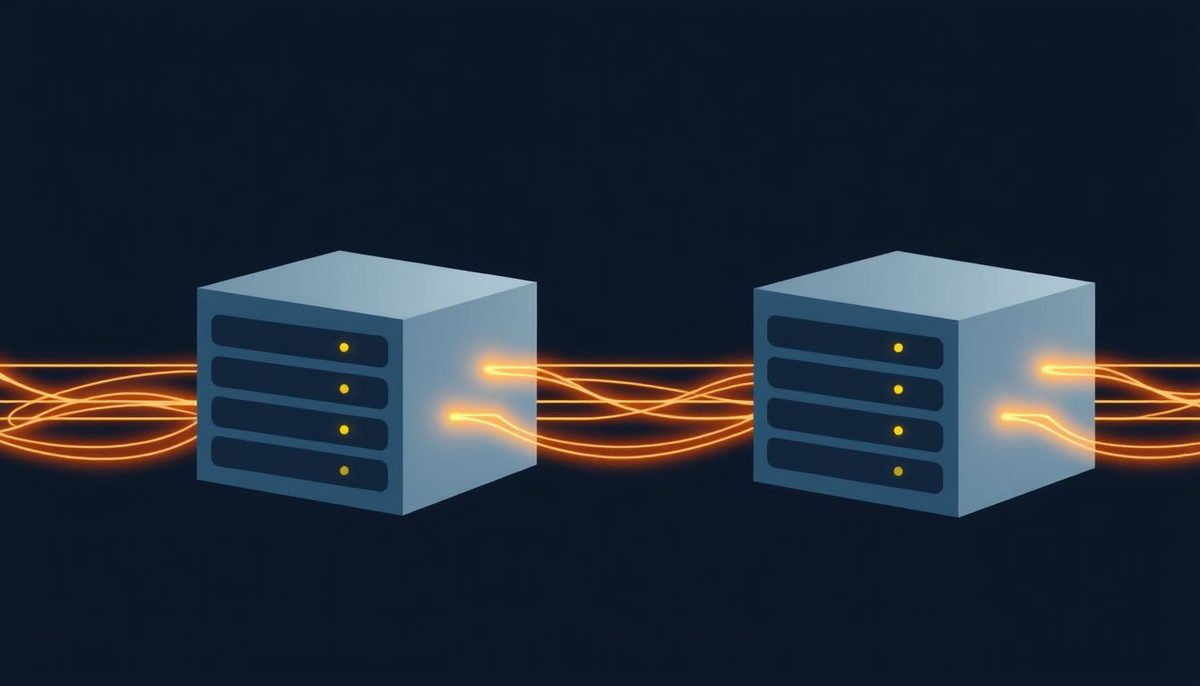 Dos bloques de servidor unidos por un puente luminoso de líneas de datos dorado-naranja sobre fondo azul oscuro