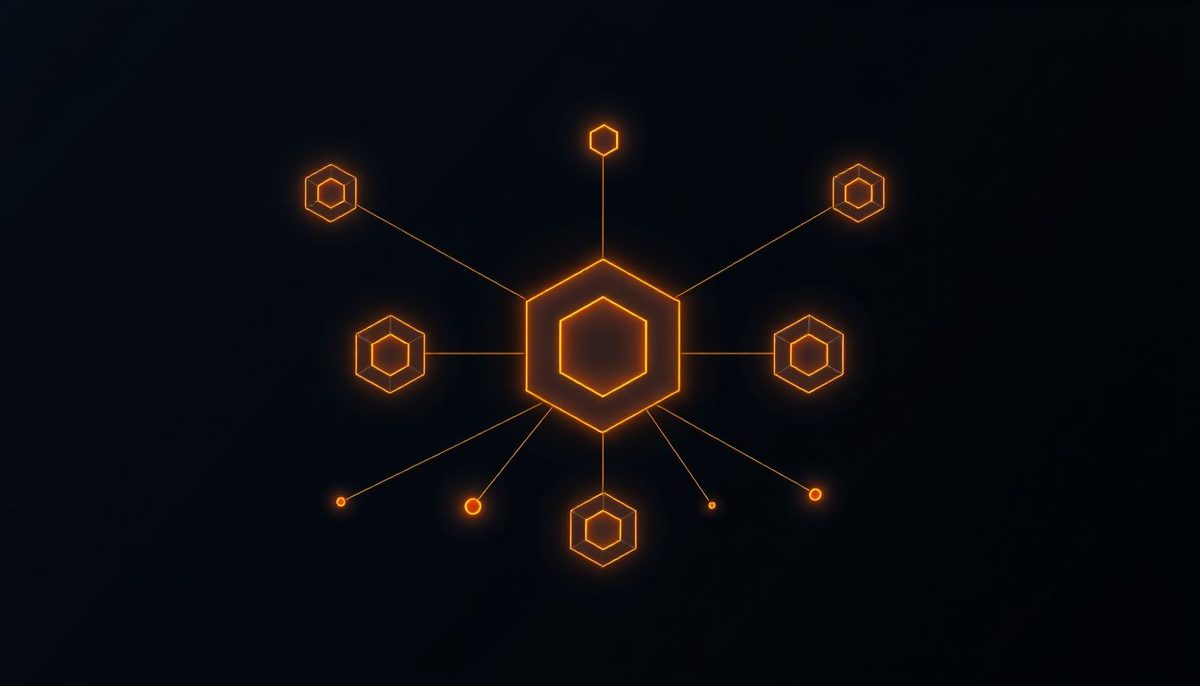 Ilustración abstracta de un nodo central dorado conectado por líneas finas a varios módulos geométricos sobre fondo azul oscuro, como metáfora de un conector universal entre la IA y las aplicaciones de una empresa
