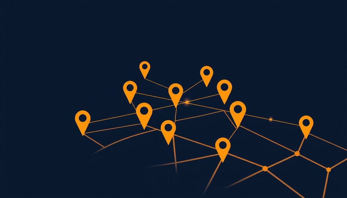 Ilustración abstracta de puntos de mapa conectados representando varias sedes de un mismo negocio