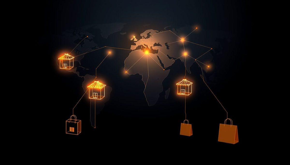 Globo terráqueo de líneas doradas conectado con cubos de tienda sobre fondo azul oscuro