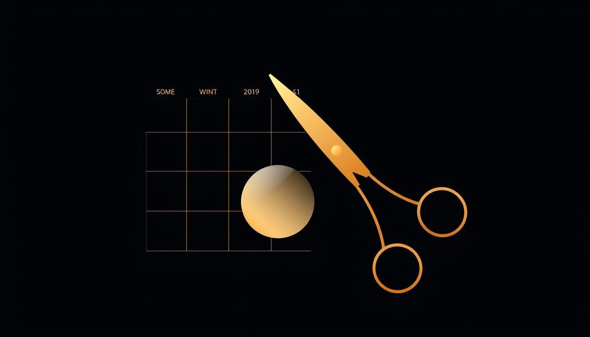 Ilustración abstracta de una agenda de citas con tijeras y espejo en dorado sobre fondo azul oscuro