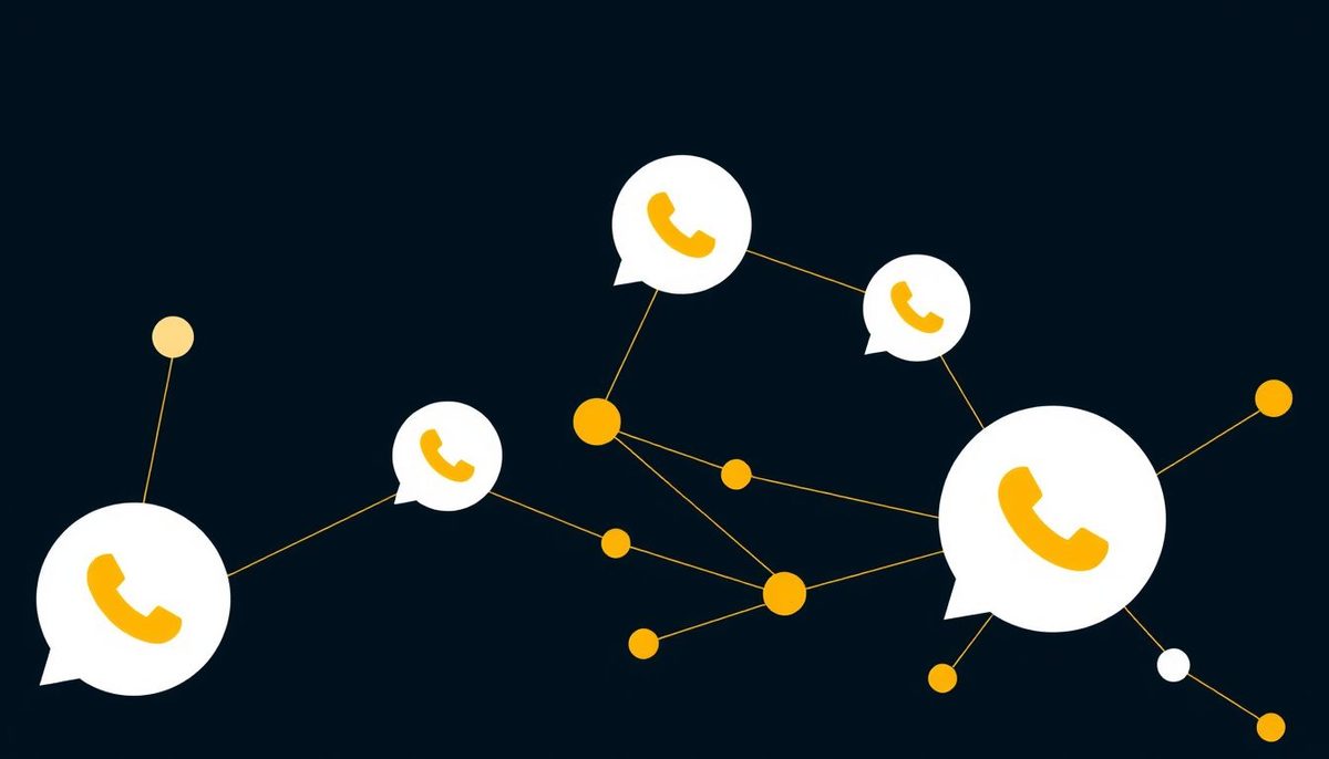 Ilustración abstracta geométrica de burbujas de chat y nodos de red conectados, en tonos dorado y naranja sobre fondo azul oscuro, representando la automatización de WhatsApp